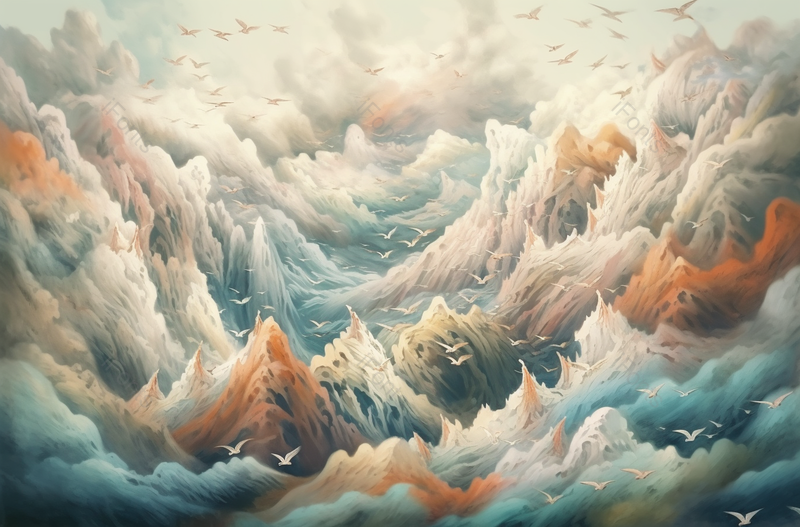 中国古风汹涌的海浪云端上方一大群飞鸟飞起,插画/手绘图,插画/手绘图库,插画/手绘图下载,插画/手绘